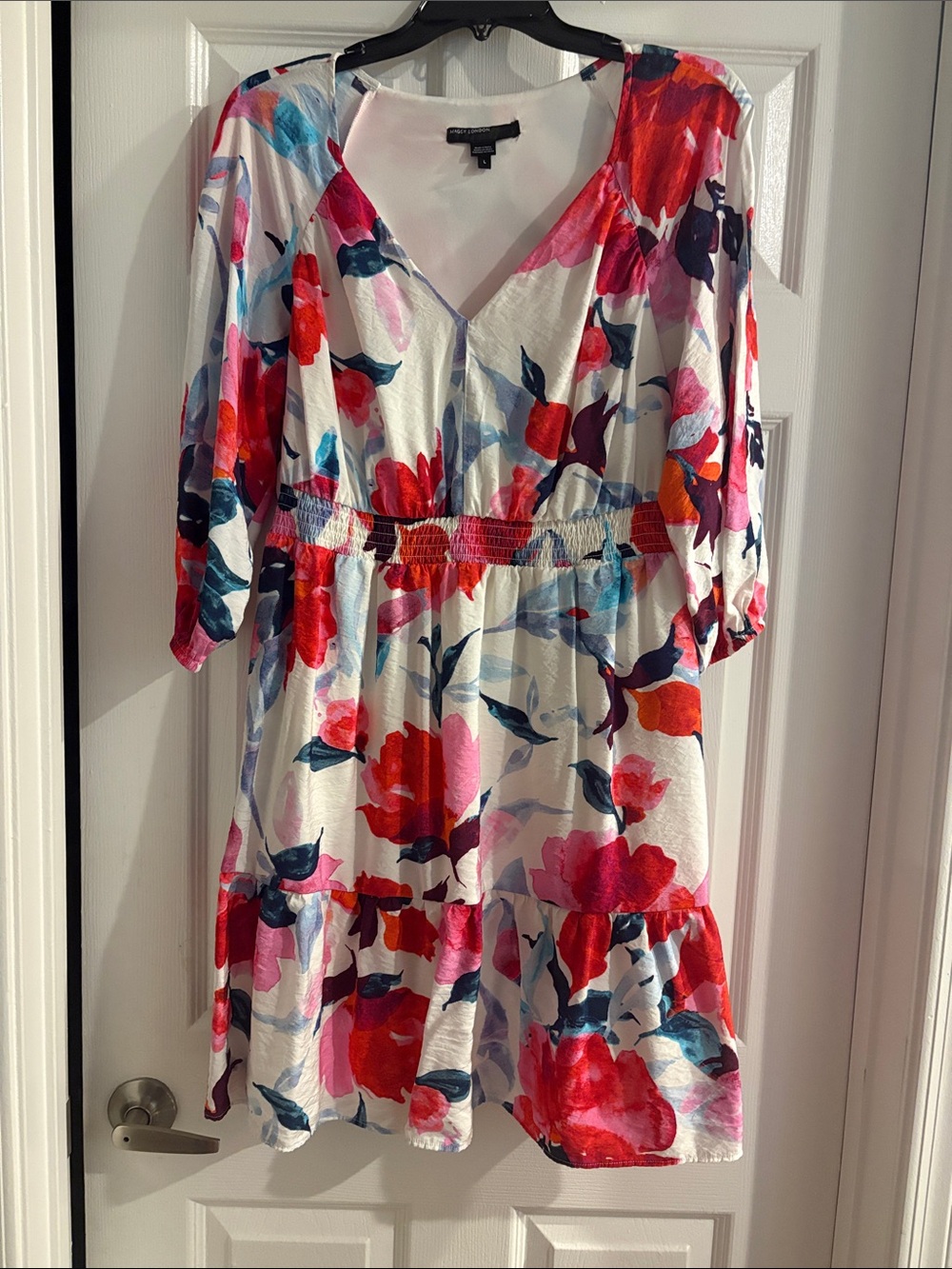 Maggy London White Dress with Red, Pink and Blue Floral Print